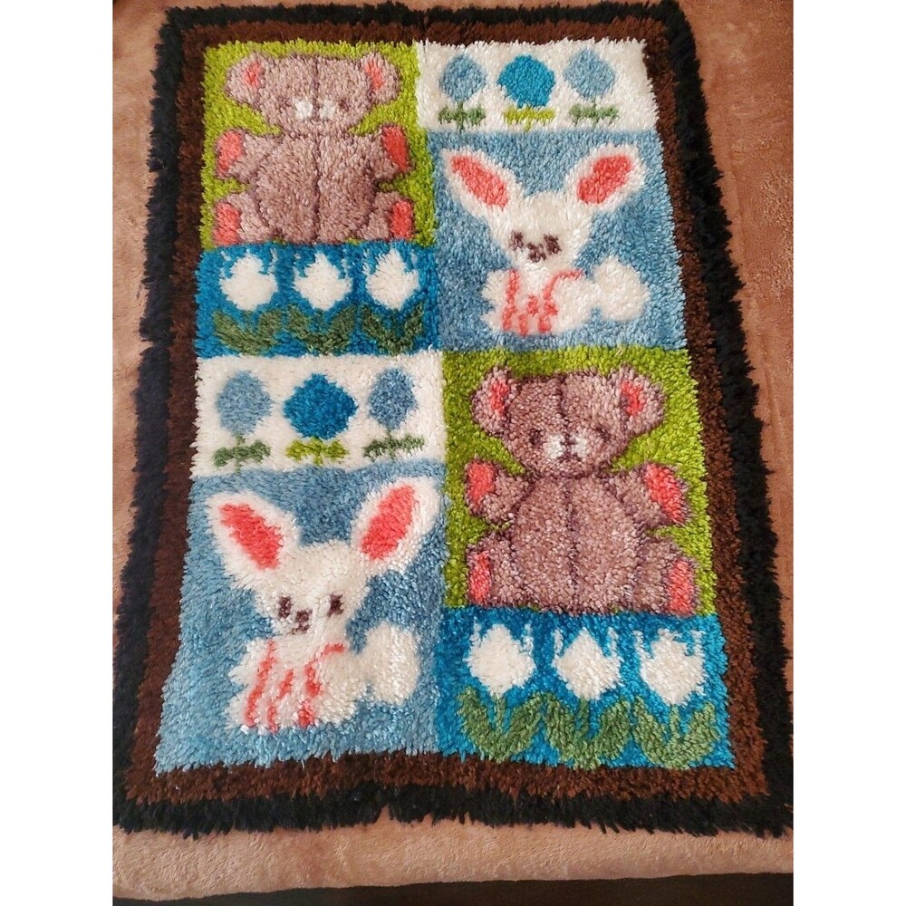 VTG Latch Hook Bears Bunnies Floral Rug 26" x 36" Nursery Wall Hanging Completed